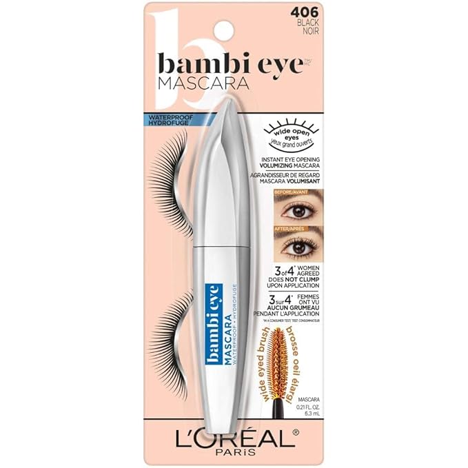 L'Oreal Paris Bambi Eye Mascara, Lasting Volume, Length & Lift, Doe-Eye Definition, No Clumping or Smudging, Waterproof, Black, 0.21 fl. oz.