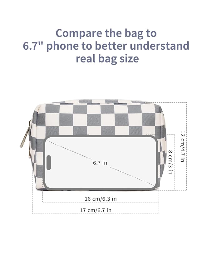 Narwey Small Checkered Makeup Bag for Purse Mini Cosmetic Bag Travel Makeup Pouch Zipper Pouch Cute Make up Bags with Compartments for Women Girls (Grayish Blue Checkerboard, Small)