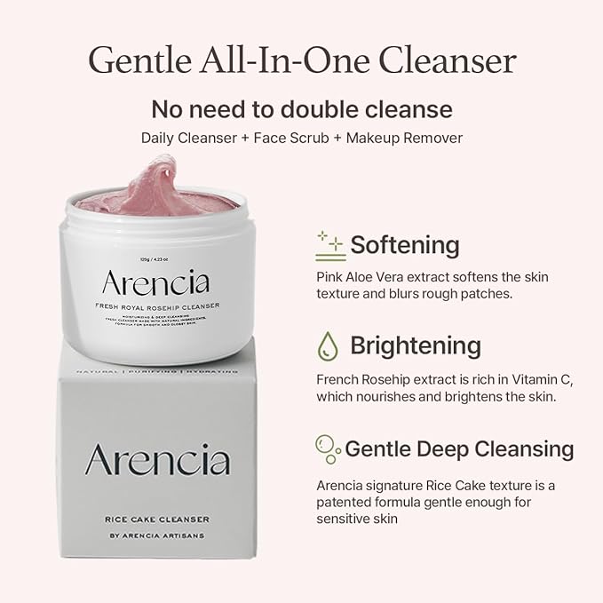 Rosehip Brightening Rice Mochi Face Cleanser & Daily Scrub - Moisturizing, Exfoliating & Deep-Cleansing - All Skin Types with Rice Powder & Rice Water (4.23oz)