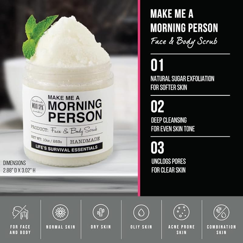 Mojo Spa Make Me a Morning Person Face and Body Scrub for Women and Men, Deep Moisturizing Facial and Full Exfoliating Skincare with Peppermint and Rosemary Scent, Sugar Based Exfoliator, 10 oz.
