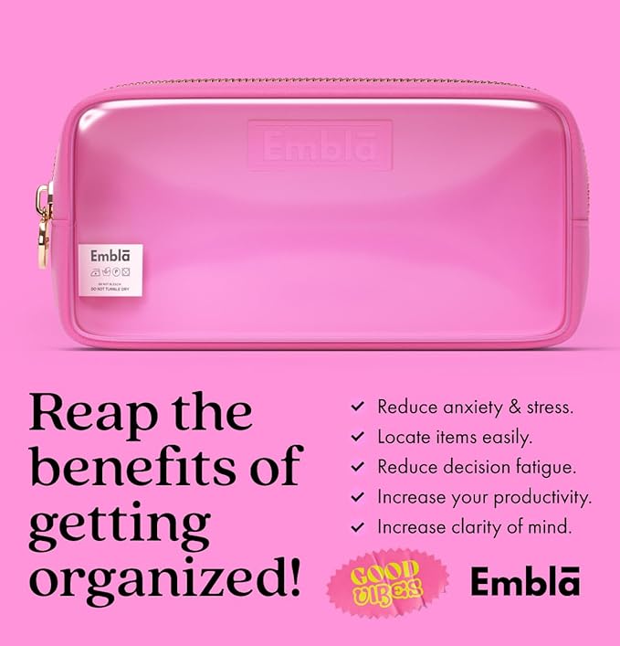 Embla Clear Cosmetic Bag Makeup Case, Clear Zipper Make Up Pouch and Toiletry Travel Tote, Cute Skincare Pouches for Women Girls, Preppy Purse Cosmetic Organizer, Small Makeup Bags, Bubblegum