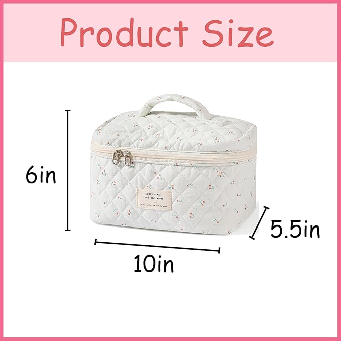 uekeboag Large Travel Quilted Makeup Bag for Women, Floral Cotton Cosmetic Bag, Coquette Aesthetic Floral Toiletry Organizer Bag