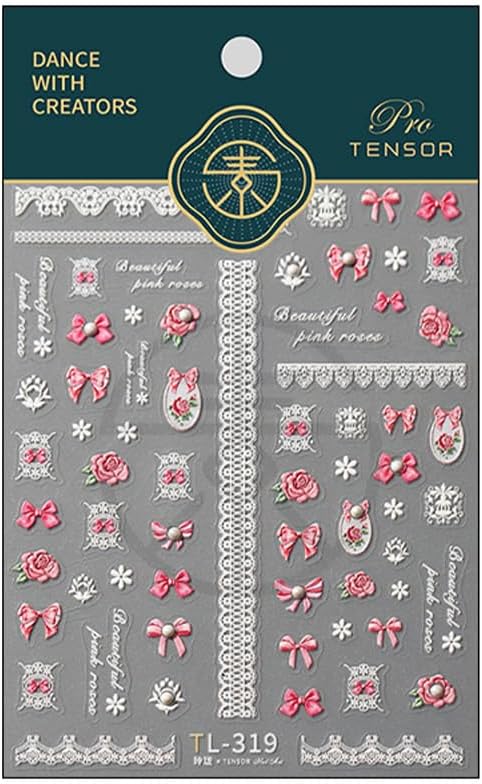 1 Sheets Embossed Pink Bow Nail Stickers for Nail Art 5D Self Adhesive Flower Nail Art Stickers with Pearl Design Pink Bows Floral Nail Decals White Small Flowers for Women DIY Manicure Decor