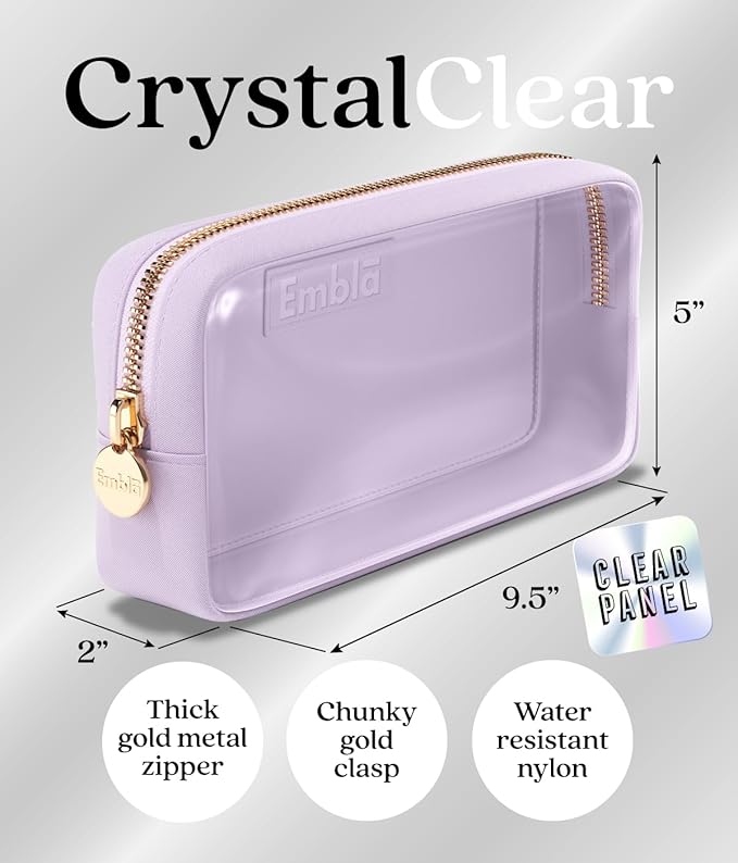 Embla Clear Cosmetic Bag Makeup Case, Clear Zipper Make Up Pouch and Toiletry Travel Tote, Cute Skincare Pouches for Women Girls, Preppy Purse Cosmetic Organizer, Small Makeup Bags, Lilac