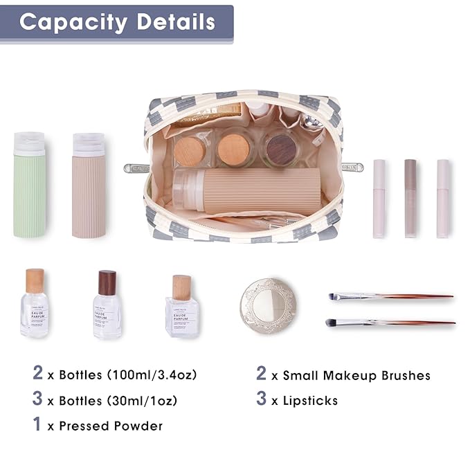 Narwey Small Checkered Makeup Bag for Purse Mini Cosmetic Bag Travel Makeup Pouch Zipper Pouch Cute Make up Bags with Compartments for Women Girls (Grayish Blue Checkerboard, Small)