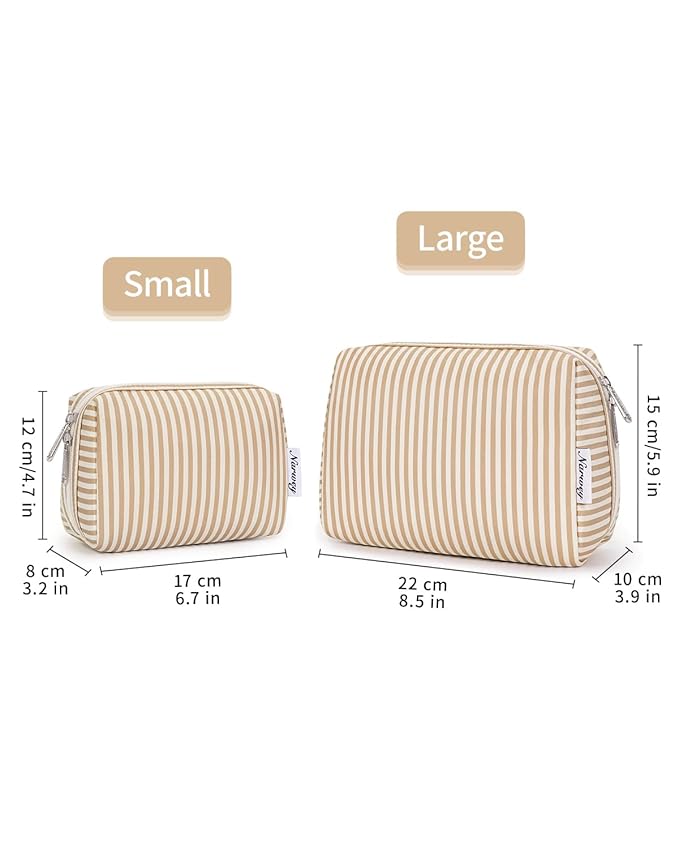 Narwey Small Striped Makeup Bag for Purse Mini Cosmetic Bag Travel Makeup Pouch Zipper Pouch Cute Make up Bags with Compartments for Women Girls (Brown Stripe, Small)