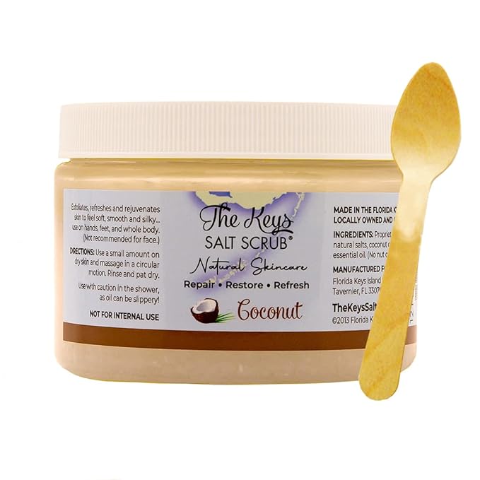 The Keys Salt Scrub - Coconut Sea Salt Scrub - Exfoliating Body Scrub Skin Care with Wooden Spoon for Men & Women - Natural Moisturizing Exfoliator for Face, Hands, Foot, Bath, & Bikini Area (12 oz.)