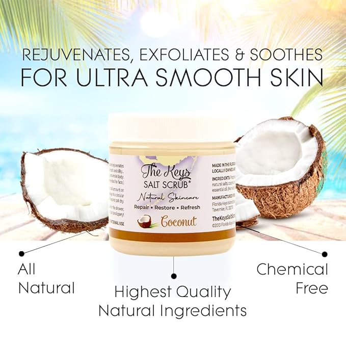 The Keys Salt Scrub - Coconut Sea Salt Scrub - Exfoliating Body Scrub Skincare with Wooden Spoon for Men & Women-Natural Moisturizing Exfoliator for Face, Hands, Foot, Bath, & Bikini Area (3.4oz)