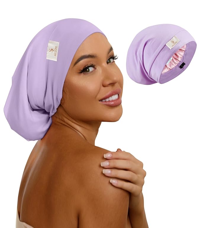 100% Mulberry Silk Bonnet for Sleeping for Curly Hair and Braids, Wrap with Adjustable Strap for Women and Men,Real Silk, Not Satin(1Pc,Lavender)