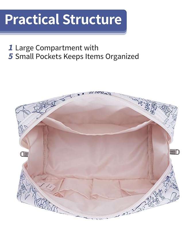 Narwey Cute Floral Makeup Bag Travel Cosmetic Bag Organizer Toiletry Bag Make Up Bags with Organized Pocket for Women Girls (Large,Navy Blue Flower)