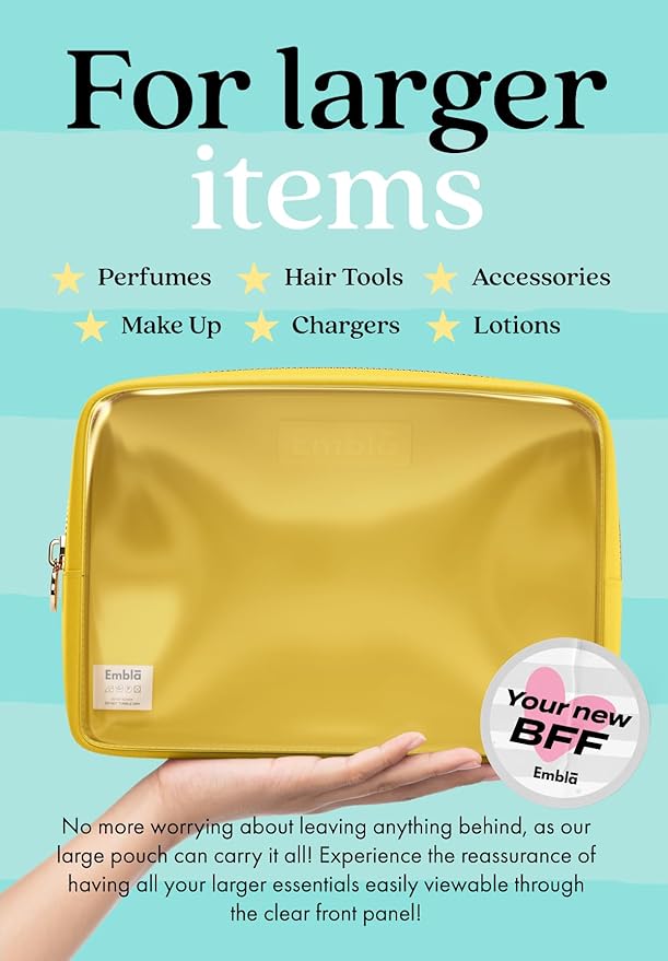 Embla Clear Cosmetic Bag Makeup Case, Clear Zipper Make Up Pouch and Toiletry Travel Tote, Cute Skincare Pouches for Women Girls, Preppy Purse Cosmetic Organizer, Large Makeup Bags, Lemon