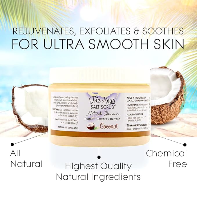 The Keys Salt Scrub - Coconut Sea Salt Scrub - Exfoliating Body Scrub Skin Care with Wooden Spoon for Men & Women - Natural Moisturizing Exfoliator for Face, Hands, Foot, Bath, & Bikini Area (12 oz.)