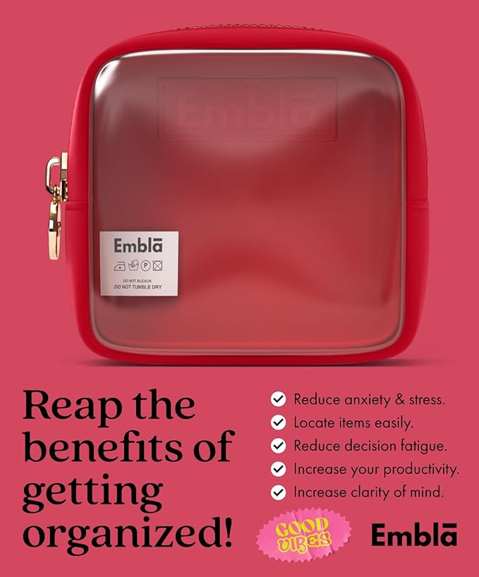 Embla Clear Cosmetic Bag Makeup Case, Clear Zipper Make Up Pouch and Toiletry Travel Tote, Cute Skincare Pouches for Women Girls, Preppy Purse Cosmetic Organizer, Mini Makeup Bags, Ruby Red