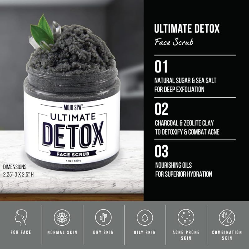 Mojo Spa Ultimate Detox Face Scrub | Amber, Vanilla, Musk Scent | Moisturizing & Detoxifying Sugar Exfoliator | 4 oz