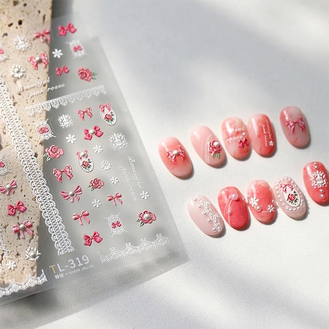 1 Sheets Embossed Pink Bow Nail Stickers for Nail Art 5D Self Adhesive Flower Nail Art Stickers with Pearl Design Pink Bows Floral Nail Decals White Small Flowers for Women DIY Manicure Decor