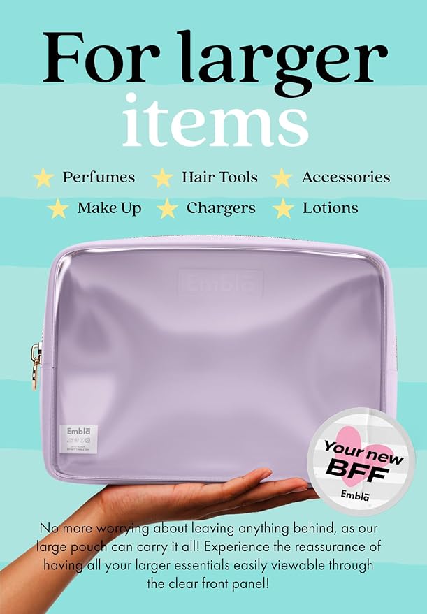 Embla Clear Cosmetic Bag Makeup Case, Clear Zipper Make Up Pouch and Toiletry Travel Tote, Cute Skincare Pouches for Women Girls, Preppy Purse Cosmetic Organizer, Large Makeup Bags, Lilac