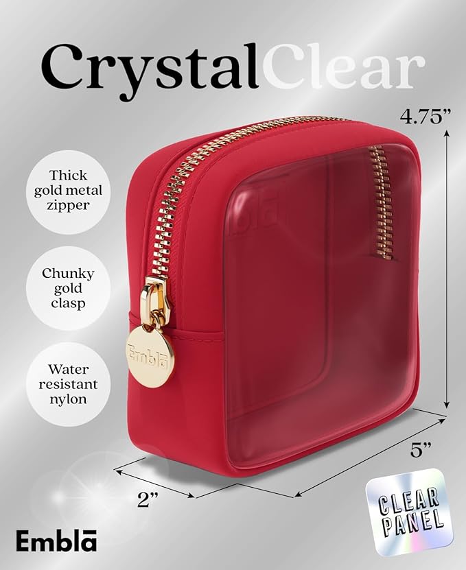 Embla Clear Cosmetic Bag Makeup Case, Clear Zipper Make Up Pouch and Toiletry Travel Tote, Cute Skincare Pouches for Women Girls, Preppy Purse Cosmetic Organizer, Mini Makeup Bags, Ruby Red