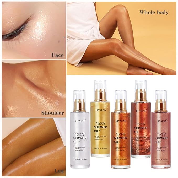 Liyalan Shimmer Body Oil Rose Gold 5 Color Bronze Face Glow Pearl Highlighter Illuminator body Makeup Shine Glitter Gold Liquid Taning 3.38 Fl Oz