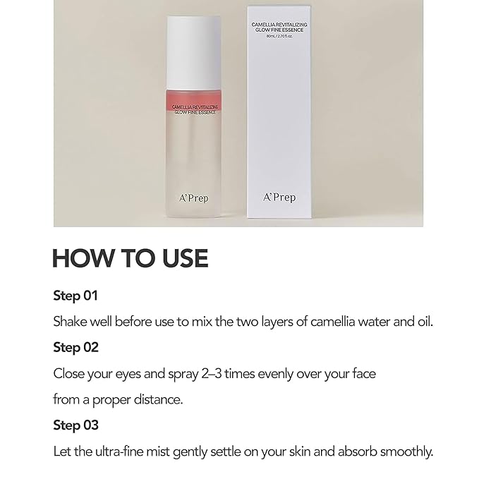 A'Prep Camellia Revitalizing Glow Fine Essence – Ultra-Fine Hydrating Mist with Camellia Extract, Niacinamide & Hyaluronic Acid for Radiant Skin, Korean Skincare, 120ml