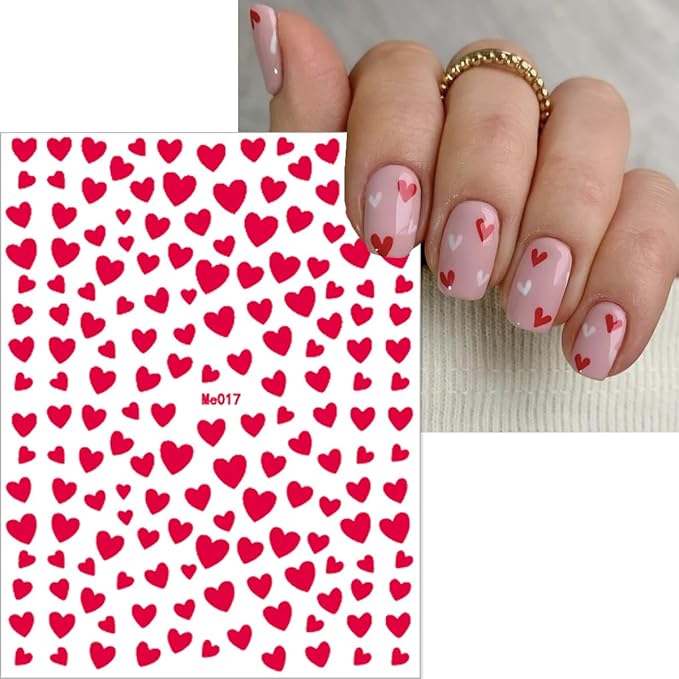 10 Sheets Heart Nail Stickers - 3D Self-Adhesive Glitter Colorful Valentine's Day Nail Decals - DIY Decoration for Women & Girls