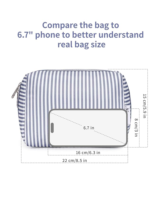 Narwey Striped Makeup Bag Travel Cosmetic Bag Organizer Toiletry Bag Make Up Bags with Compartments for Women Girls (Large, Greyish Blue Stripe)