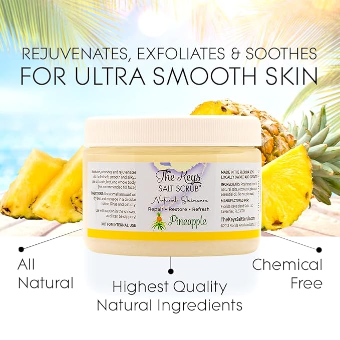The Keys Sea Salt Exfoliating Body Scrub With Wooden Spoon - Foot and Hand Scrub for Men, Women - Made With Pure Florida Sea Salt (Pineapple, 3 Bulk Pack 12 oz)