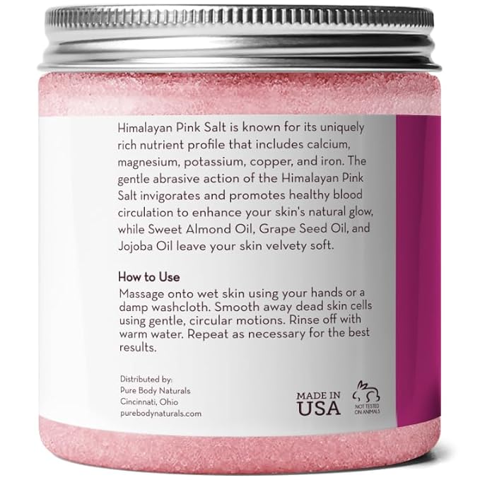 Pure Body Naturals Himalayan Salt Scrub, 12 ounces | Natural Face, Body, Hand, Foot and Skin Exfoliator | Facial Exfoliating Pink Salt with Sweet Almond Oil, Jojoba Oil, Vitamin E, and Aloe Vera