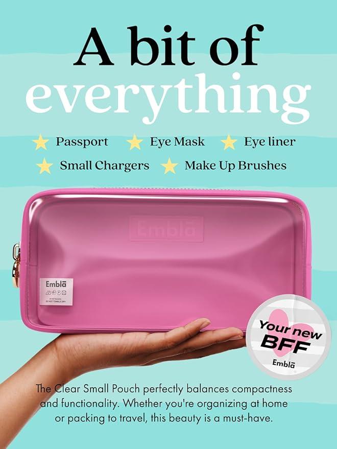 Embla Clear Cosmetic Bag Makeup Case, Clear Zipper Make Up Pouch and Toiletry Travel Tote, Cute Skincare Pouches for Women Girls, Preppy Purse Cosmetic Organizer, Small Makeup Bags, Bubblegum