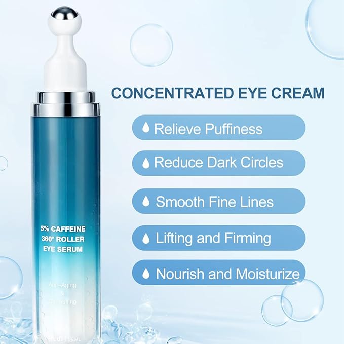Caffeine Eye Cream for Dark Circles - Eye Serum for dark circles and puffiness - Caffeine Eye Serum - Dark Circles Under Eye Treatment - Eye Cream for Puffiness and Bags Under Eyes - 360° Massage Ball