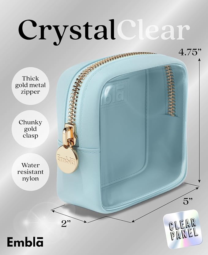 Embla Clear Cosmetic Bag Makeup Case, Clear Zipper Make Up Pouch and Toiletry Travel Tote, Cute Skincare Pouches for Women Girls, Preppy Purse Cosmetic Organizer, Mini Makeup Bags, Sky Blue