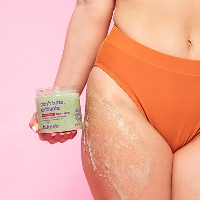 b.fresh Exfoliating Body Scrub | Don't Hate, Exfoliate Soothing Body Polish For Women & Men - Sugar Scrub Enhanced With Hydrating Lactic Acid + Licorice Root, Magic Melon Scent