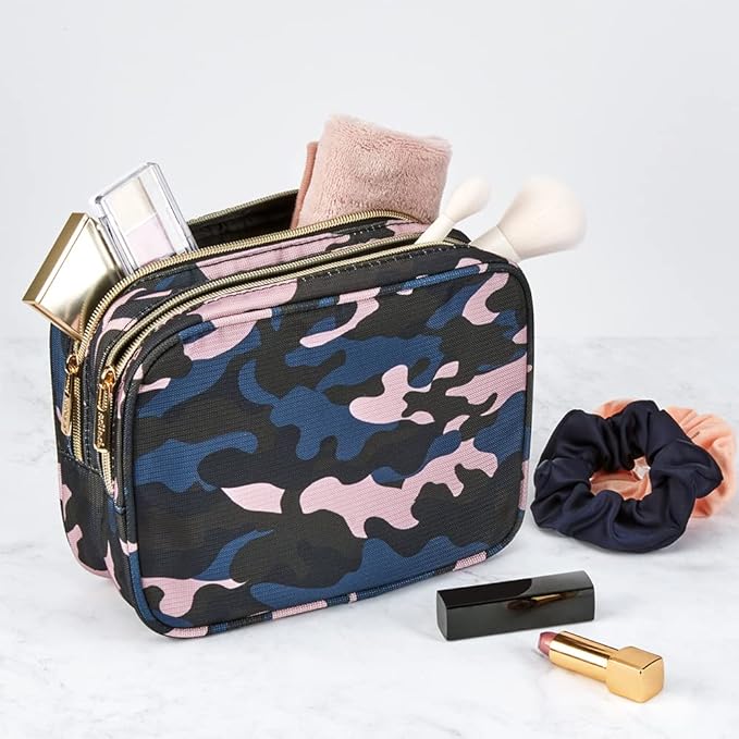 Conair Makeup Bag, Large Double Zip Toiletry and Cosmetic Bag, Perfect Size for Use At Home or Travel, Double Zip Organizer Shape in Blue, Pink and Black Camouflage