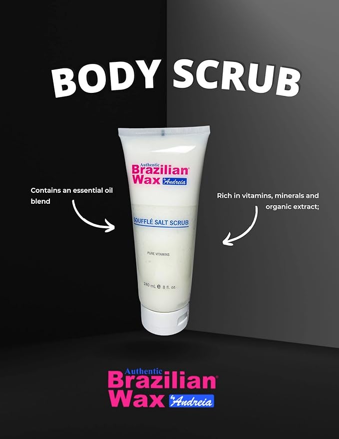 Authentic Brazilian Wax by Andreia Souffle Salt Scrub - Body Exfoliating Scrub w/Lemon Peel & Essential Oils - Salt Scrub Rich in Vitamins, Mineral & Organic Extract for Soft Skin - 8 fl. Oz.