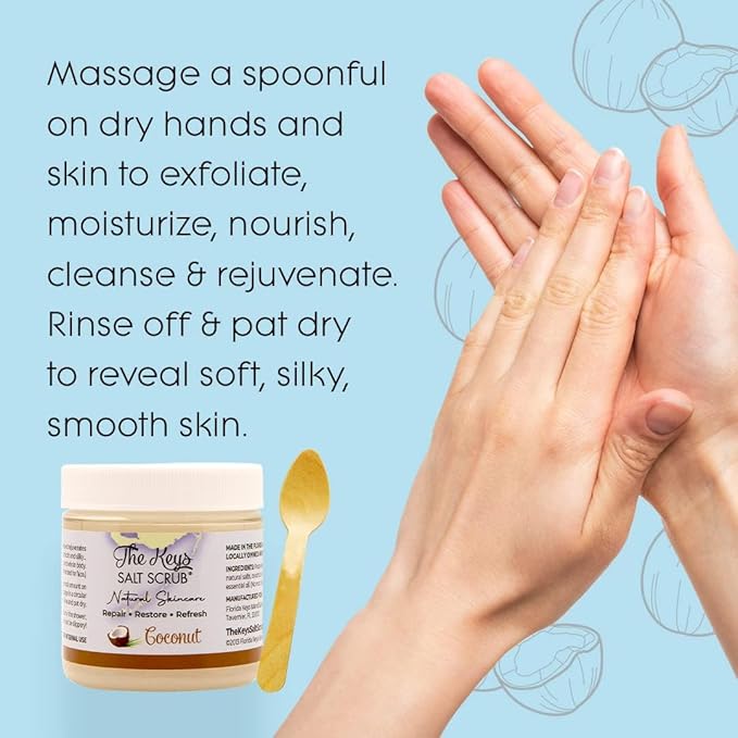 The Keys Salt Scrub - Coconut Sea Salt Scrub - Exfoliating Body Scrub Skincare with Wooden Spoon for Men & Women-Natural Moisturizing Exfoliator for Face, Hands, Foot, Bath, & Bikini Area (3.4oz)