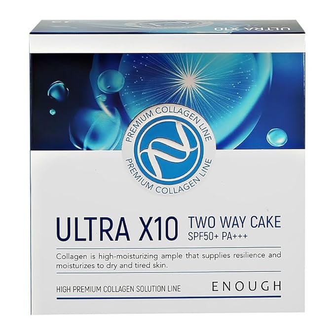 Enough Premium Ultra X10 Two Way Cake SPF50, Korean Makeup Setting Powder Foundation, Face Powder with Collagen, Tattoo Cover Up - Refill Including (#21 Skin Beige, 0.39 oz)