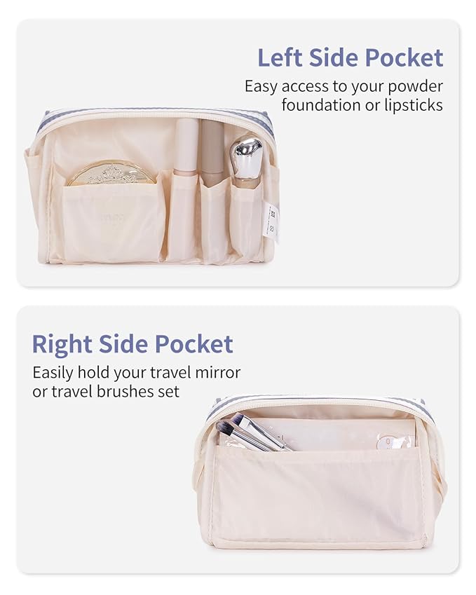 Narwey Small Striped Makeup Bag for Purse Mini Cosmetic Bag Travel Makeup Pouch Zipper Pouch Cute Make up Bags with Compartments for Women Girls (Greyish Blue Stripe, Small)
