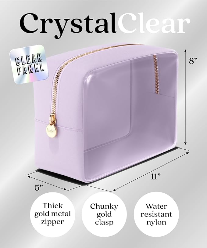 Embla Clear Cosmetic Bag Makeup Case, Clear Zipper Make Up Pouch and Toiletry Travel Tote, Cute Skincare Pouches for Women Girls, Preppy Purse Cosmetic Organizer, Large Makeup Bags, Lilac