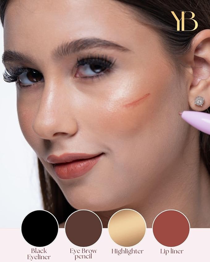 YazzBeauty - 4 in 1 Makeup Touch Up Pen with Brown Mauve Lip Liner, Black Eyeliner, Dark Brown Eyebrow Pencil, and Champagne Gold Highlighter, Compact Beauty Pen, Smudge Proof, Vegan, Cruelty-Free