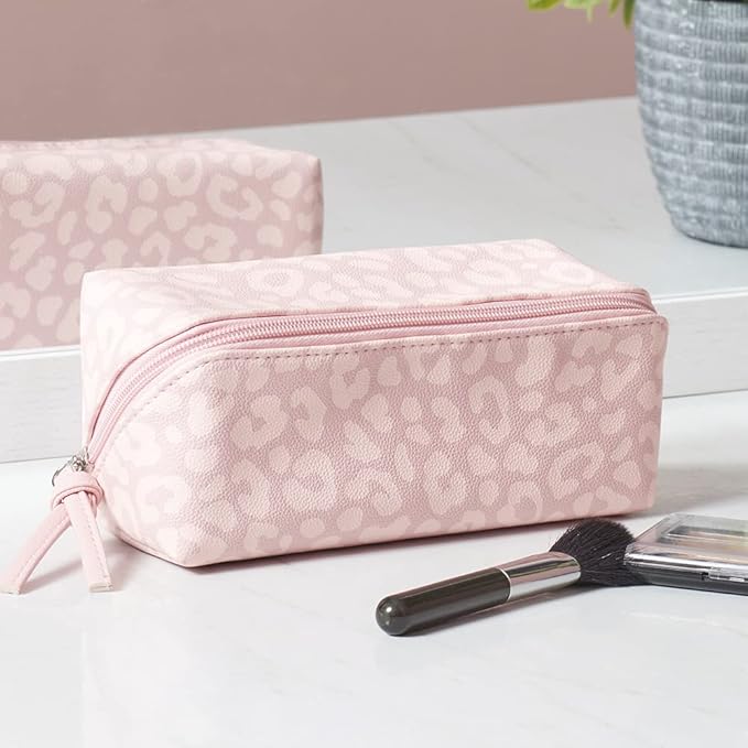 Home Basics Chic Rectangular Pink Leopard Print Travel Cosmetic Makeup Bag with Full Zipper and End Pull Fully Lined Cosmetic Organizer Pouch | Expands Fully