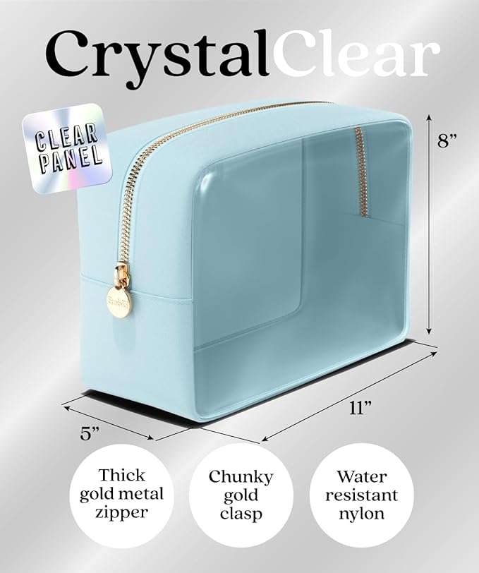 Embla Clear Cosmetic Bag Makeup Case, Clear Zipper Make Up Pouch and Toiletry Travel Tote, Cute Skincare Pouches for Women Girls, Preppy Purse Cosmetic Organizer, Large Makeup Bags, Sky Blue