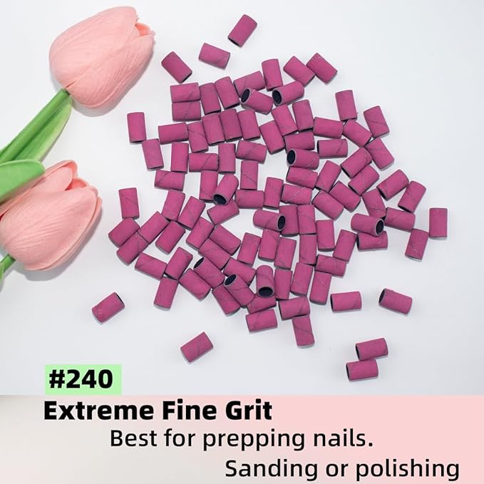 100Pcs(240 Grit Pink) Sanding Bands Nail Drill Bit with 0.31in Diameter,Nail Drill Bits Extreme Fine Grit Sanding Band,Sanding Belt Upgrade Mandrel Bits,Professional Nail Drill Bit for Acrylic Nails