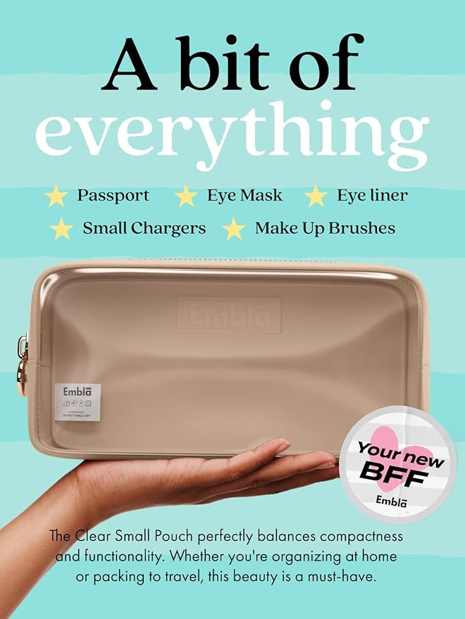 Embla Clear Cosmetic Bag Makeup Case, Clear Zipper Make Up Pouch and Toiletry Travel Tote, Cute Skincare Pouches for Women Girls, Preppy Purse Cosmetic Organizer, Small Makeup Bags, Sand