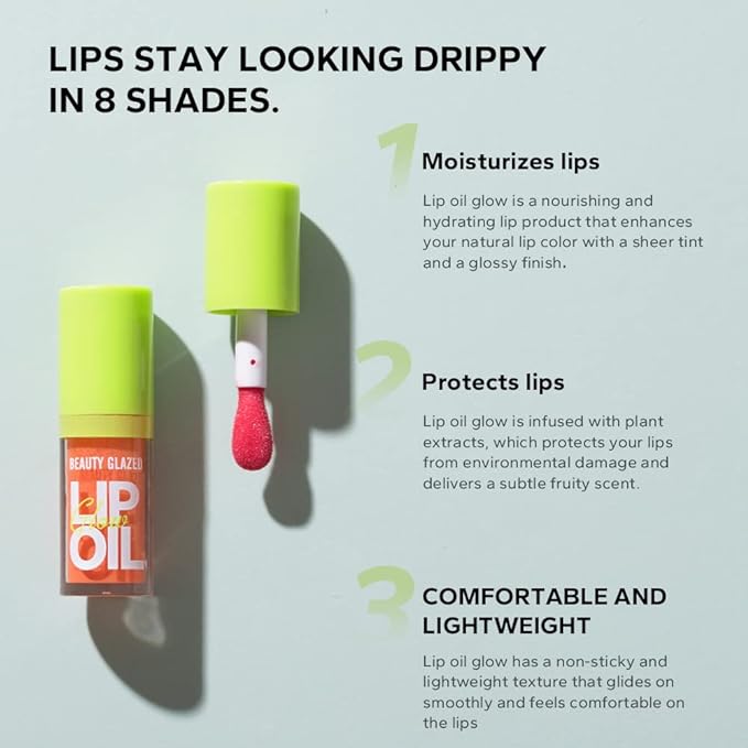 Beauty Glazed Big Brush Head Lip Oil, Ultra-Hydrating & Nourishing, Smooth Glossy Finish Lip Glow Oil, Shiny and Vegan Tinted Lip Gloss, Non-Sticky Formula (2, 105# PASSION & 106# FUSE)