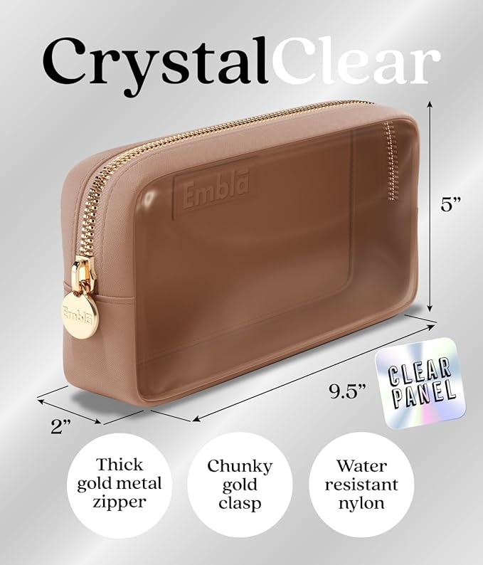 Embla Clear Cosmetic Bag Makeup Case, Clear Zipper Make Up Pouch and Toiletry Travel Tote, Cute Skincare Pouches for Women Girls, Preppy Purse Cosmetic Organizer, Small Makeup Bags, Mocha Mousse