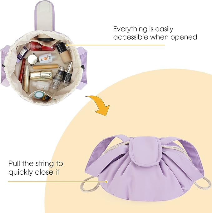 Narwey Barrel Drawstring Makeup Bag Large Cosmetic Bag Make up Bags Toiletry Bag Travel Bags for Toiletries Organizer for Women Gift for Teen Girls (Purple) (Patent)