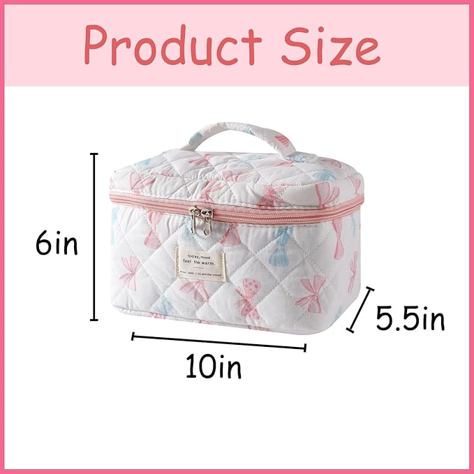 uekeboag Large Travel Quilted Makeup Bag for Women, Floral Cotton Cosmetic Bag, Coquette Aesthetic Floral Toiletry Organizer Bag