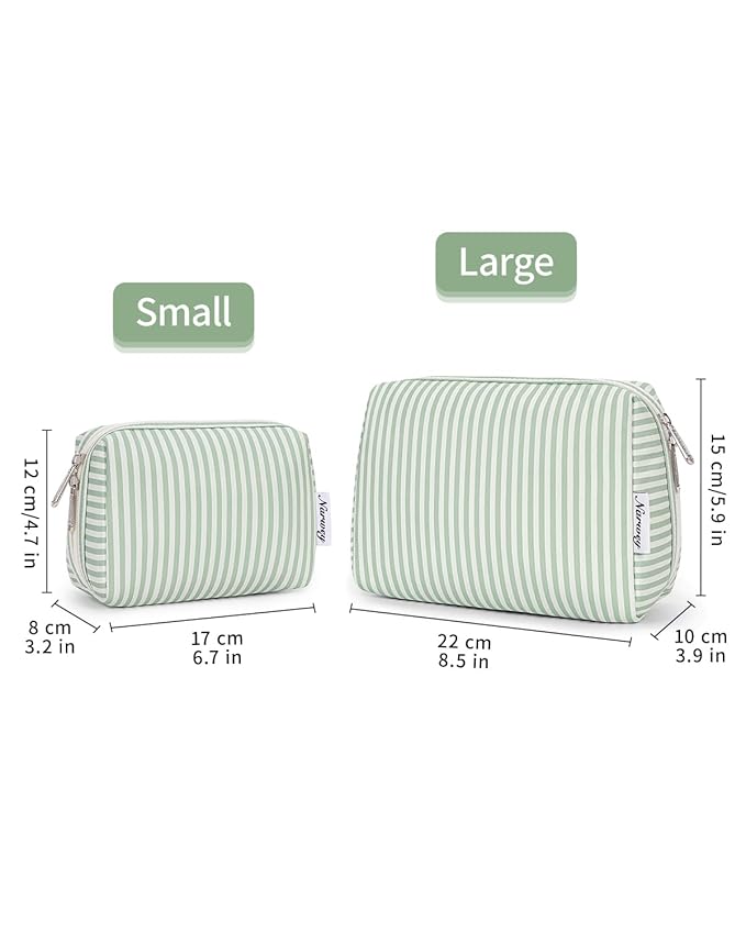 Narwey Small Striped Makeup Bag for Purse Mini Cosmetic Bag Travel Makeup Pouch Zipper Pouch Cute Make up Bags with Compartments for Women Girls (Mint Green Stripe, Small)