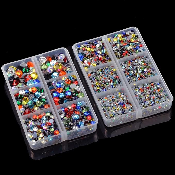 10000Pcs 2-Boxes Mixed Size Hot Fix Round Crystals Gems Glass Stones Hotfix Flat Back Rhinestones with Tweezers and Picking Pencil (Multi Color)