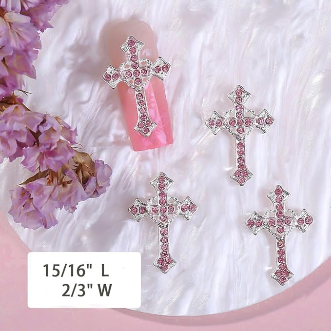 10Pcs Metal Crystal Cross Nail Charms, Pink Rhinestones Nail Decorations for DIY Designs, Large, Zestico-LJJ-A1206