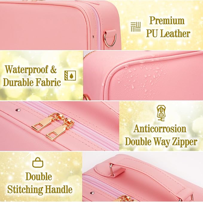 Travel Makeup Bag with Light Up Mirror,Makeup Travel Case with adjustable dividers,Waterproof Makeup Train Case,lighted Makeup Case with Detachable Mirror